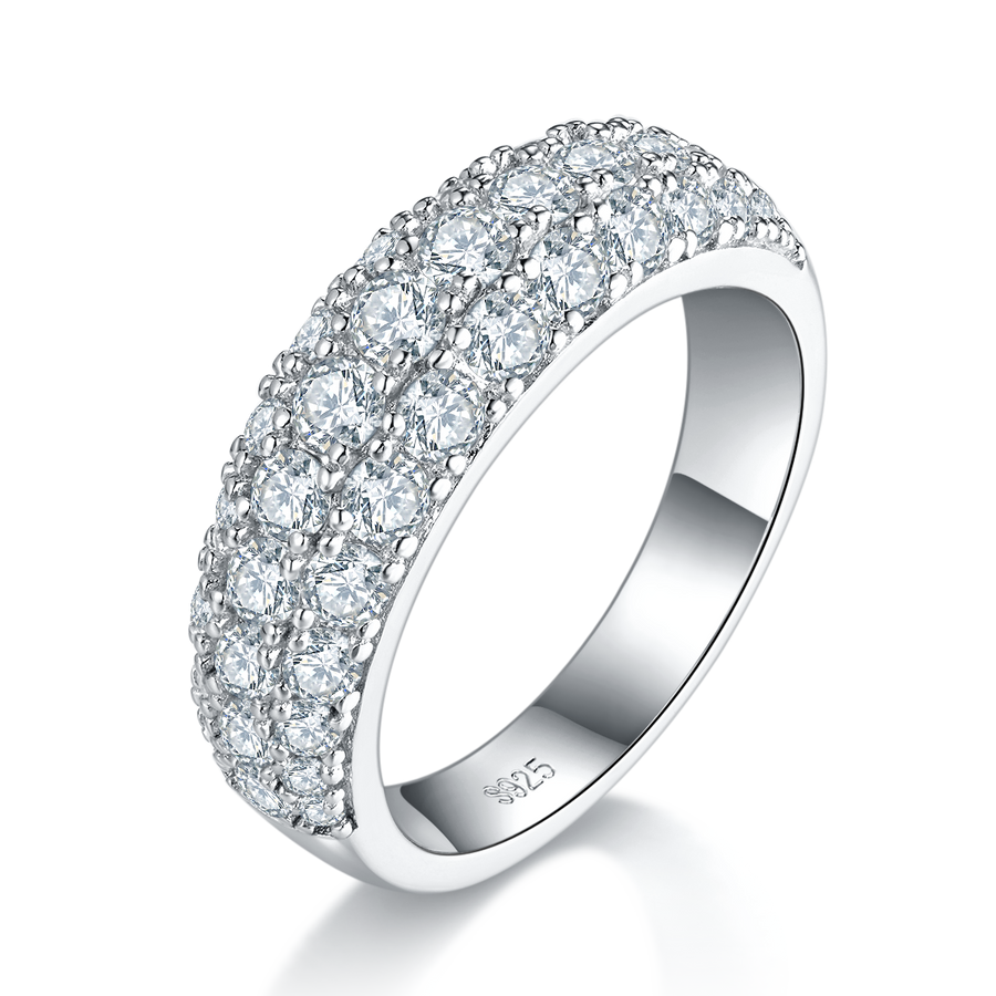 S925 Sterling Silver 3-Row Pave Moissanite Ring - D-VVS1 Eternity Band