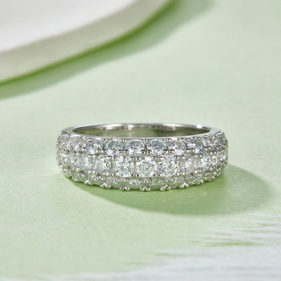 S925 Sterling Silver 3-Row Pave Moissanite Ring - D-VVS1 Eternity Band