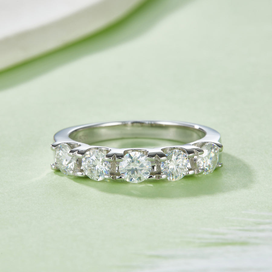 5-Stone Moissanite Wedding Band Ring - D Color VVS1 Silver