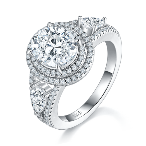 3 Carat Oval Moissanite Engagement Ring - Double Halo Design