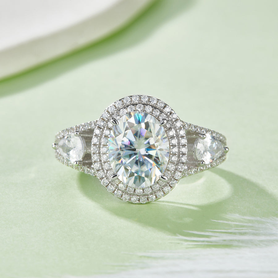 3 Carat Oval Moissanite Engagement Ring - Double Halo Design