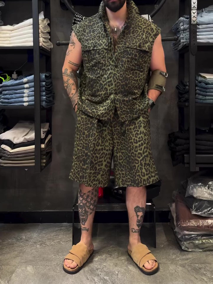 Leopard Print Sleeveless Shirt & Knee-Length Shorts Set