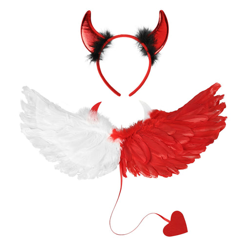Red-and-White Feather-Wing Costume Set with Horn Headband