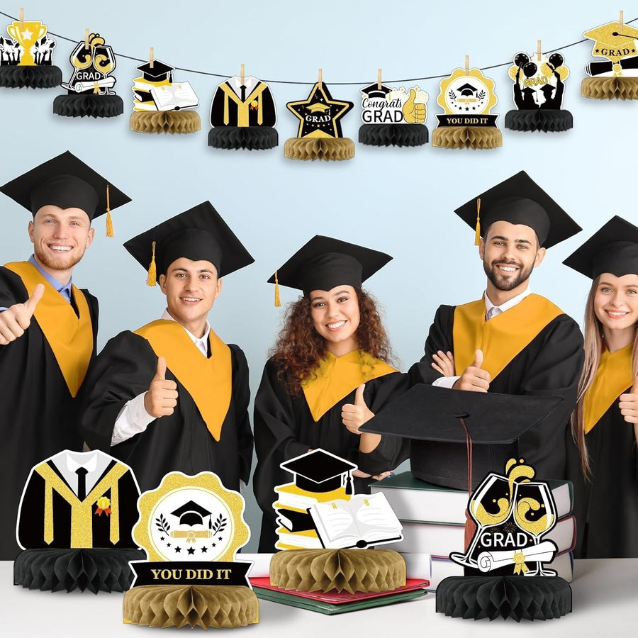 9-Piece Black And Gold Honeycomb Graduation Party Decorations