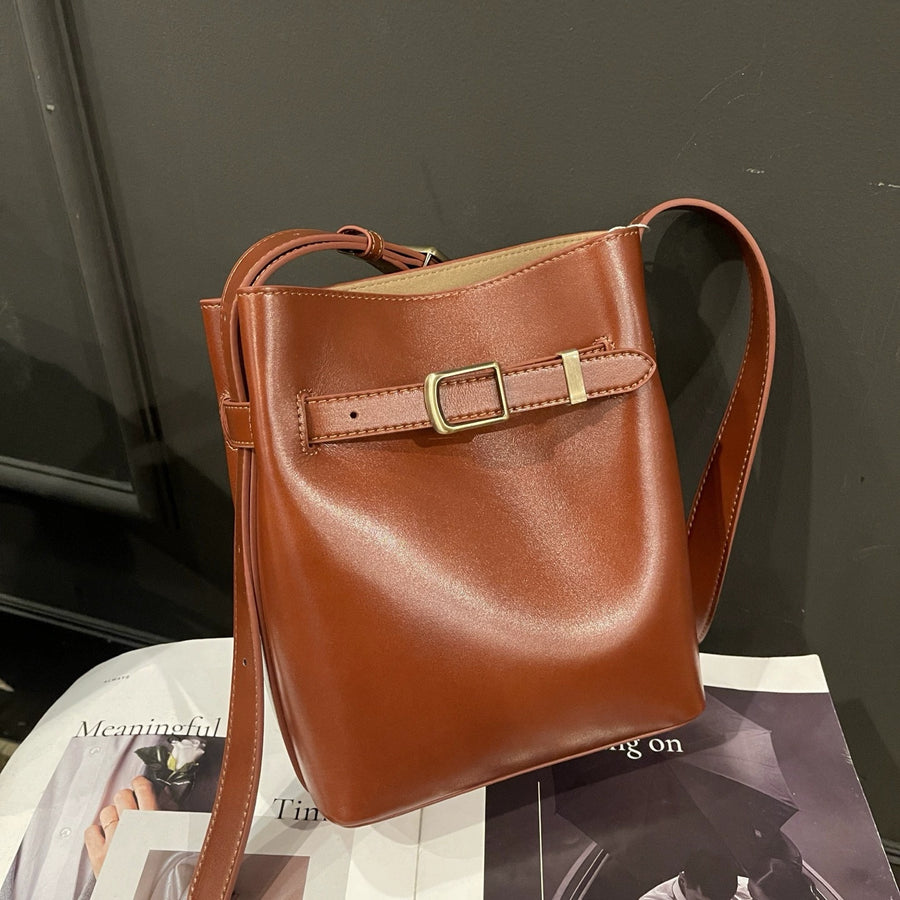 Vintage High-end Feel Bucket Bag - Genuine Leather Shoulder Bag