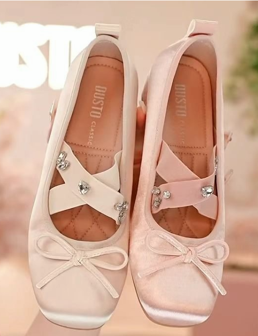 French Gentle Style Satin Ballet Flats with Rhinestone Bow