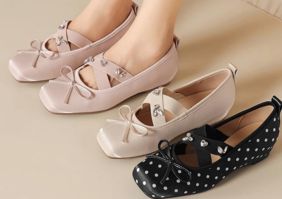 French Gentle Style Satin Ballet Flats with Rhinestone Bow