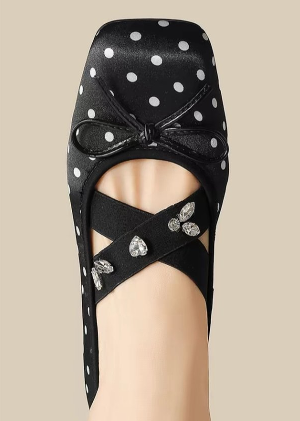French Gentle Style Satin Ballet Flats with Rhinestone Bow