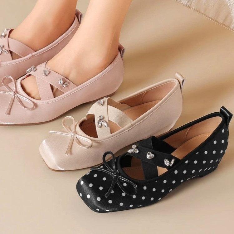 French Gentle Style Satin Ballet Flats with Rhinestone Bow