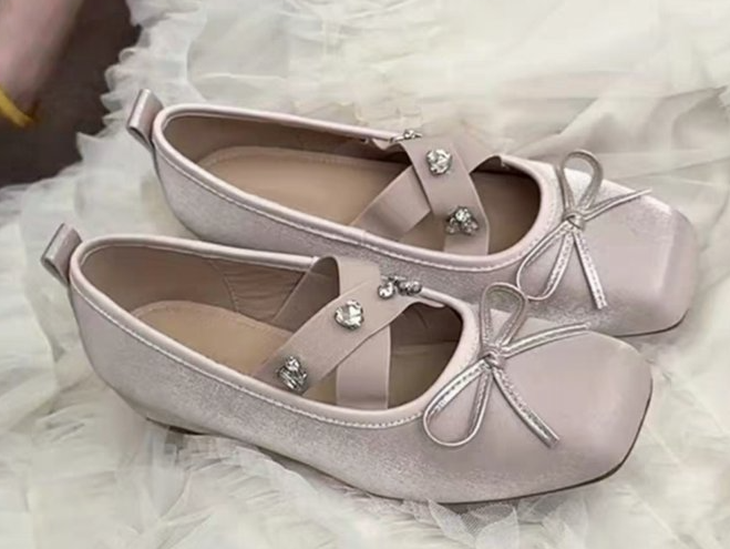 French Gentle Style Satin Ballet Flats with Rhinestone Bow