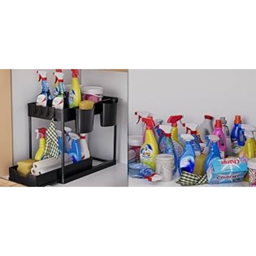2-Tier Under-Sink Shelf: Kitchen Organizer with Hooks & Cups