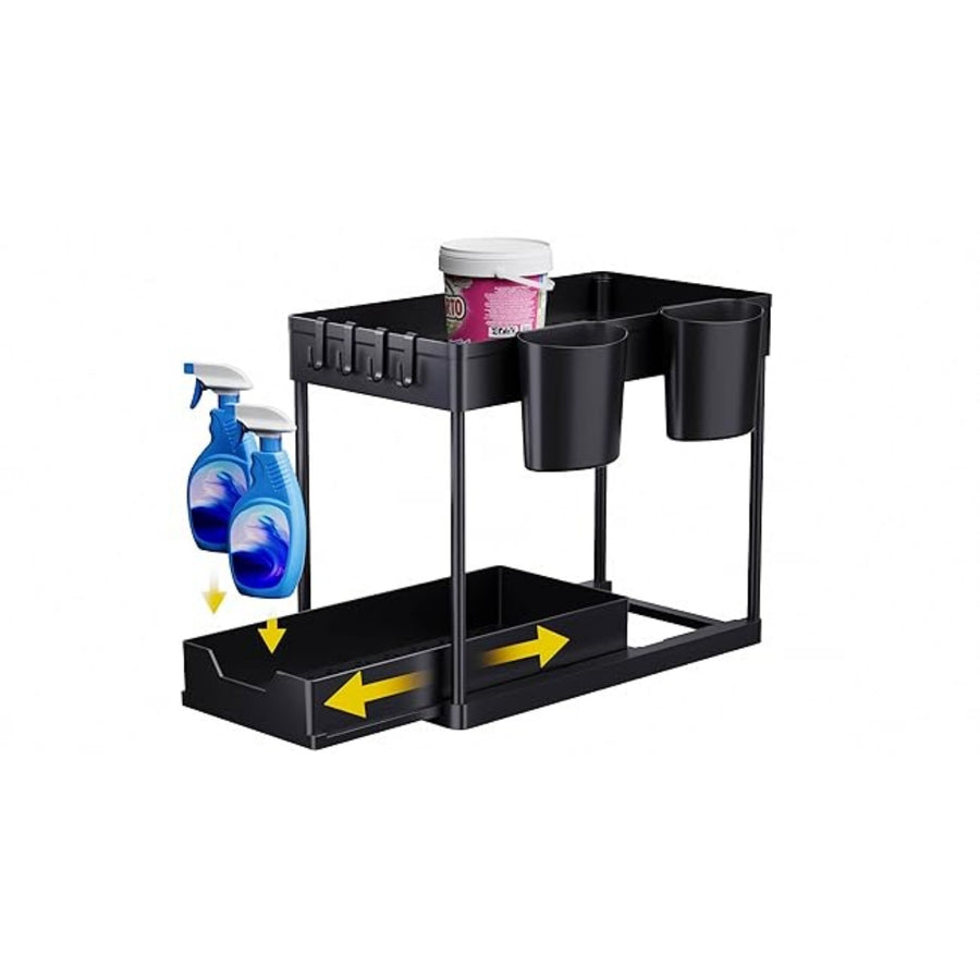 2-Tier Under-Sink Shelf: Kitchen Organizer with Hooks & Cups