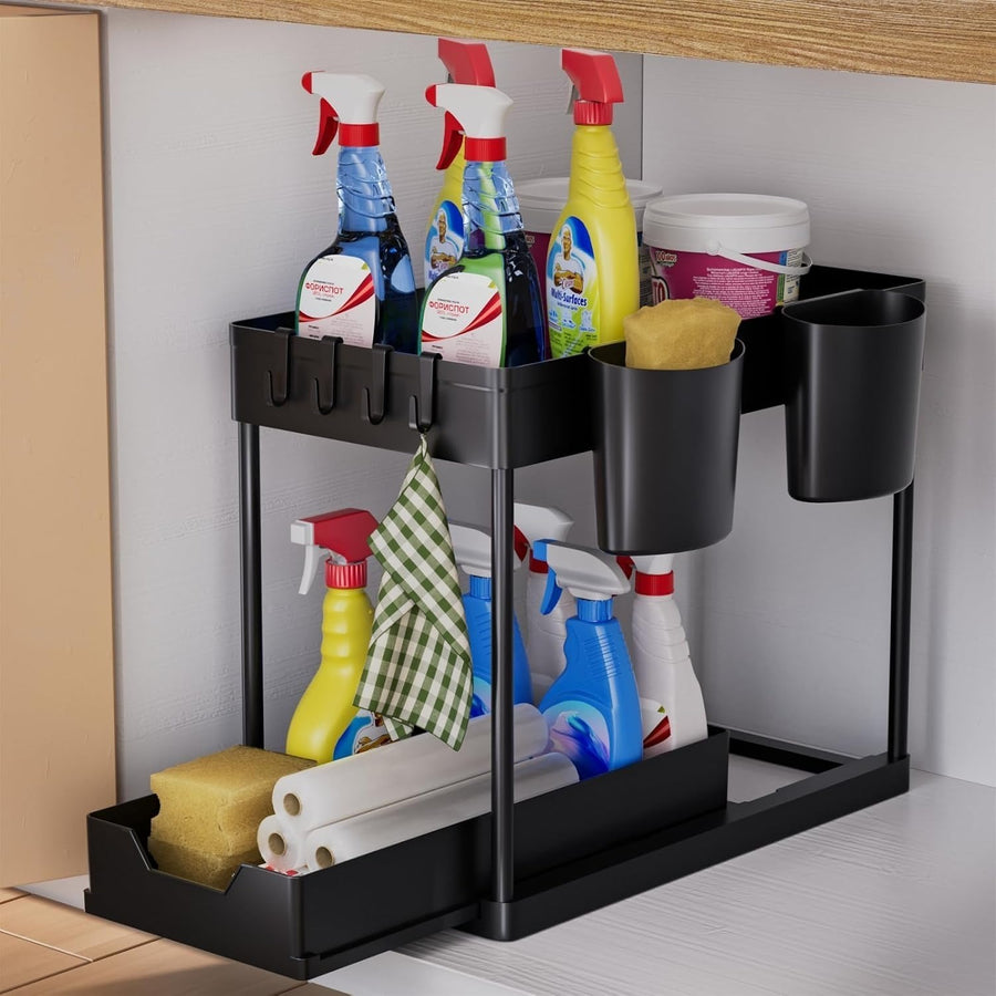 2-Tier Under-Sink Shelf: Kitchen Organizer with Hooks & Cups