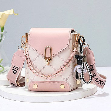 Women's Trendy Plaid Mini Shoulder Bag with Bear Charm