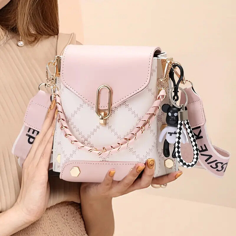 Women's Trendy Plaid Mini Shoulder Bag with Bear Charm