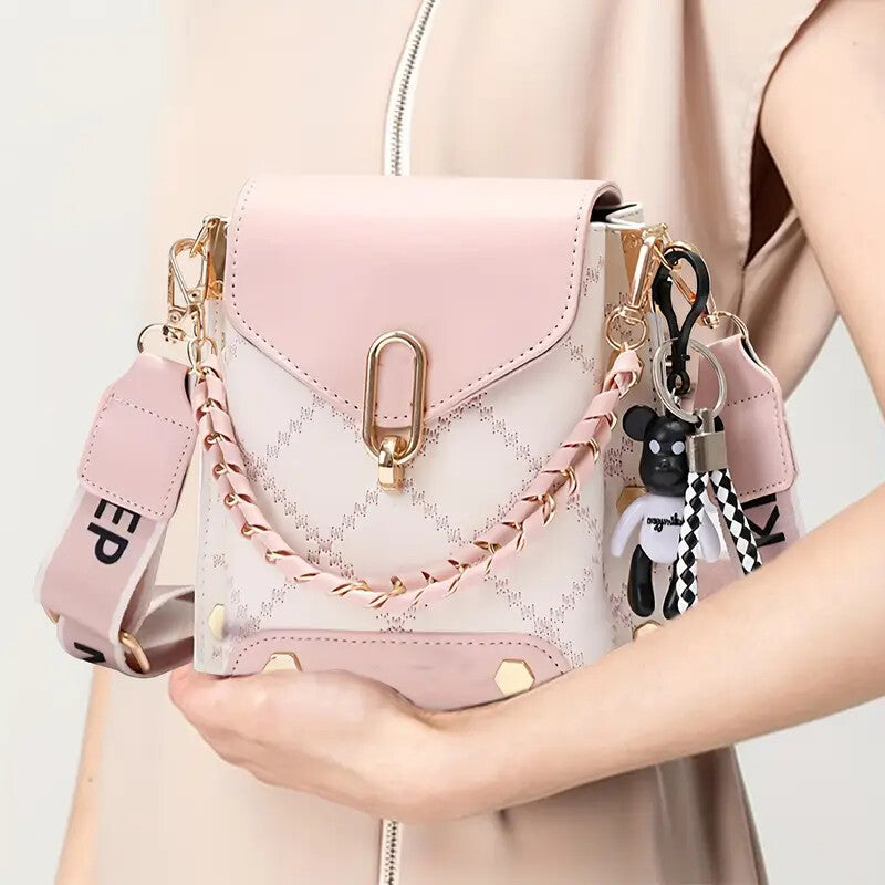 Women's Trendy Plaid Mini Shoulder Bag with Bear Charm