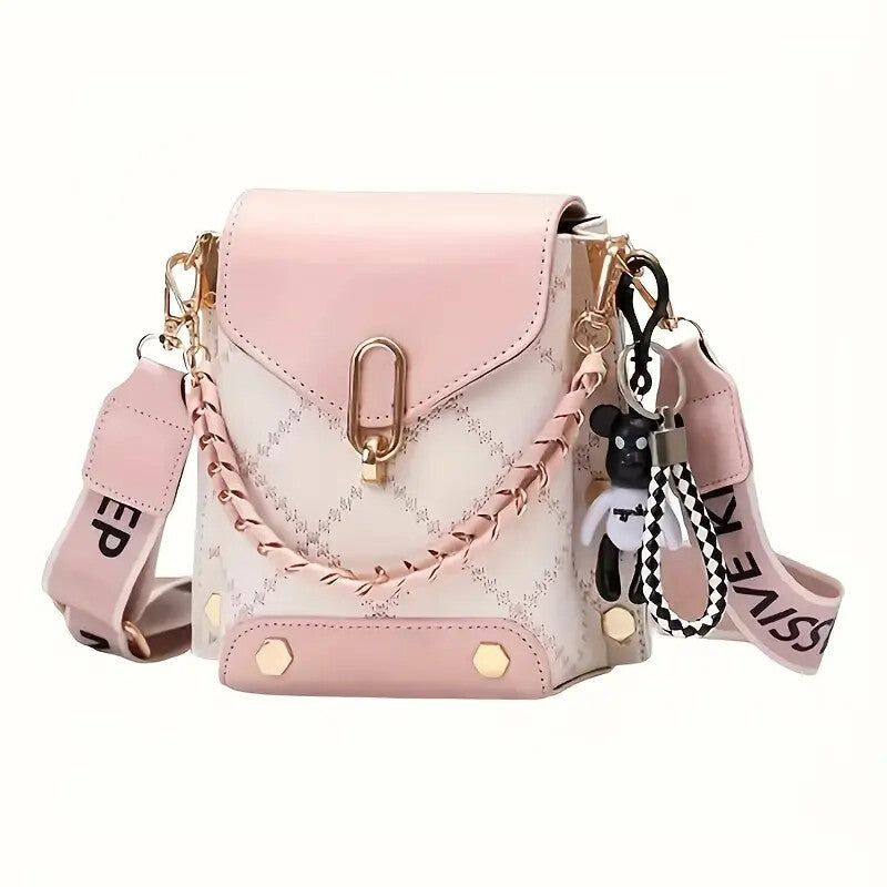 Women's Trendy Plaid Mini Shoulder Bag with Bear Charm