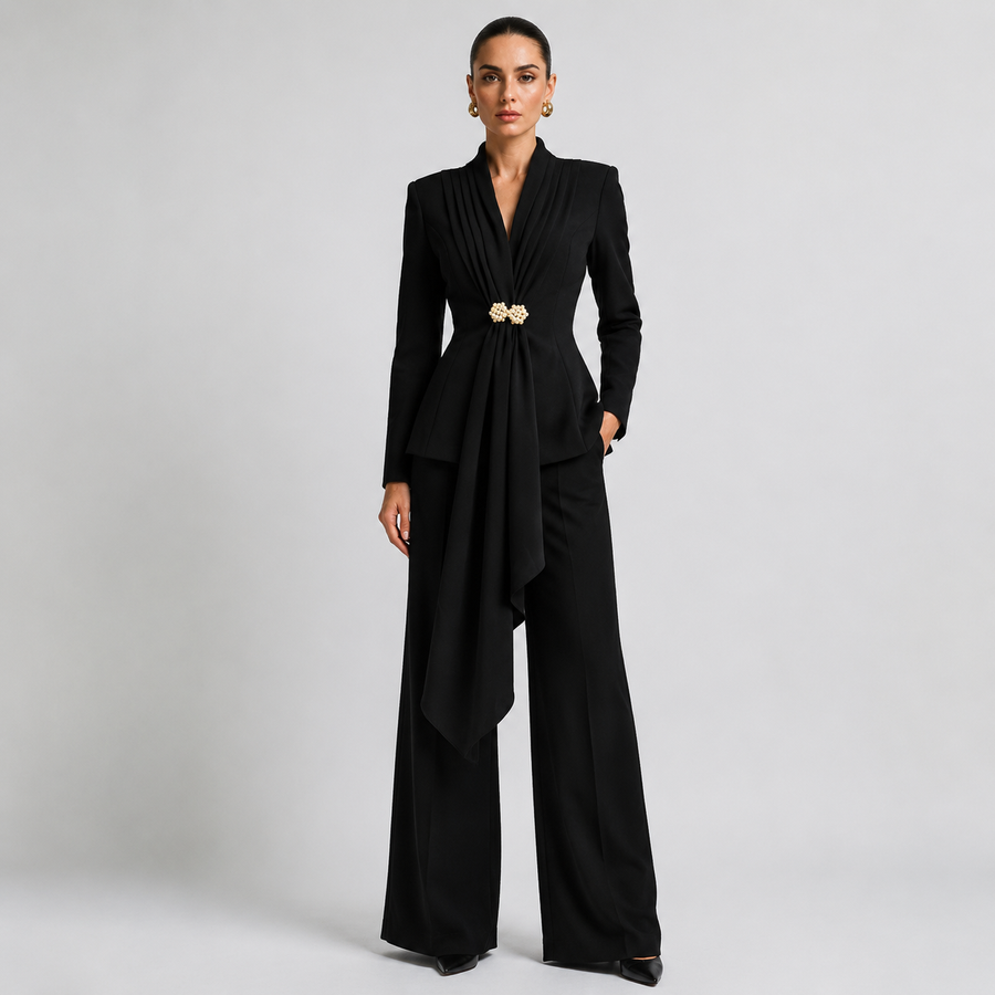 Stand Collar Pleated Front Blazer & Wide Leg Pants Set