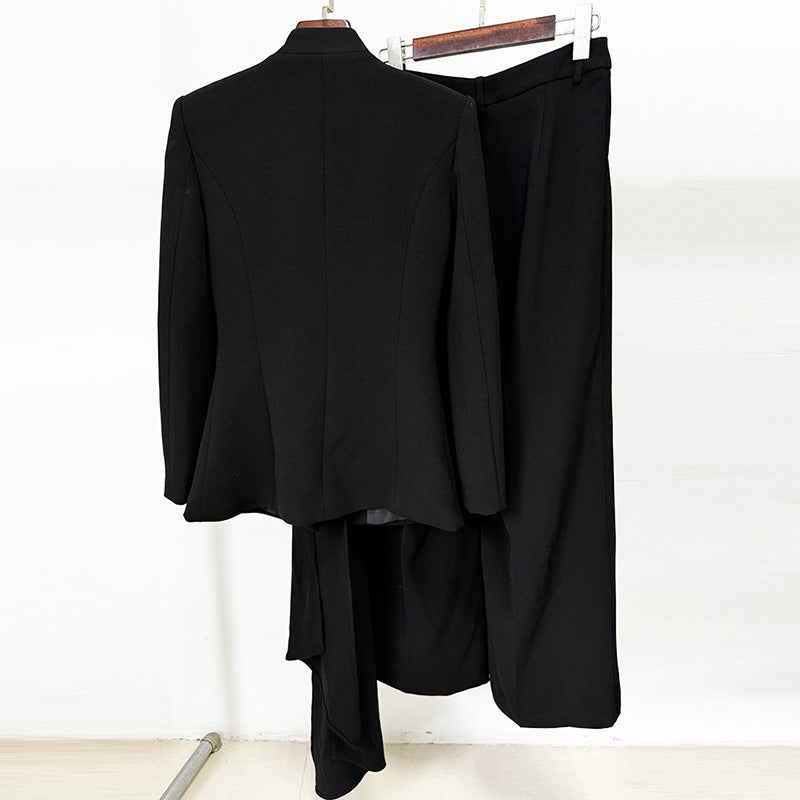 Stand Collar Pleated Front Blazer & Wide Leg Pants Set
