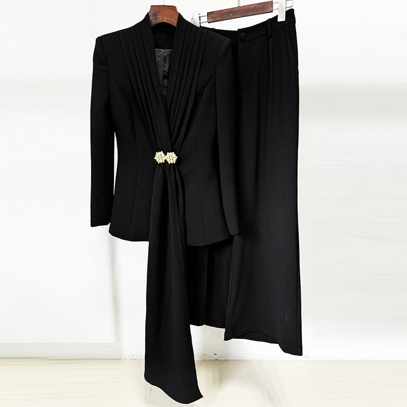 Stand Collar Pleated Front Blazer & Wide Leg Pants Set
