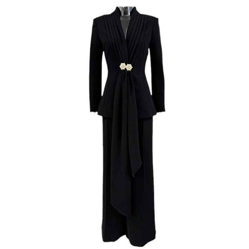 Stand Collar Pleated Front Blazer & Wide Leg Pants Set