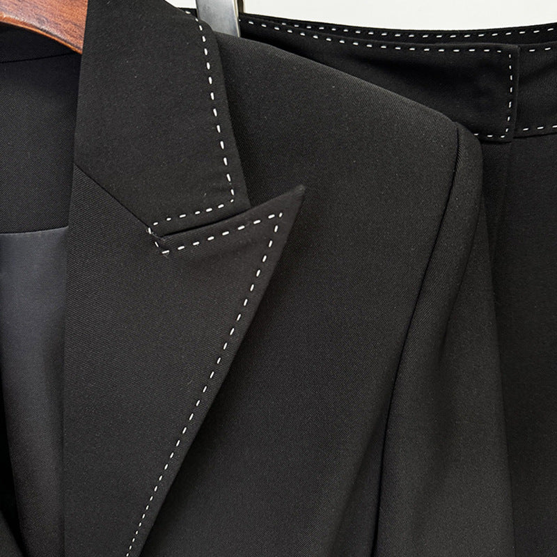 Belted Blazer & Wide Leg Pants 2-Piece Black Suit Set