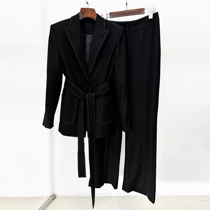 Belted Blazer & Wide Leg Pants 2-Piece Black Suit Set