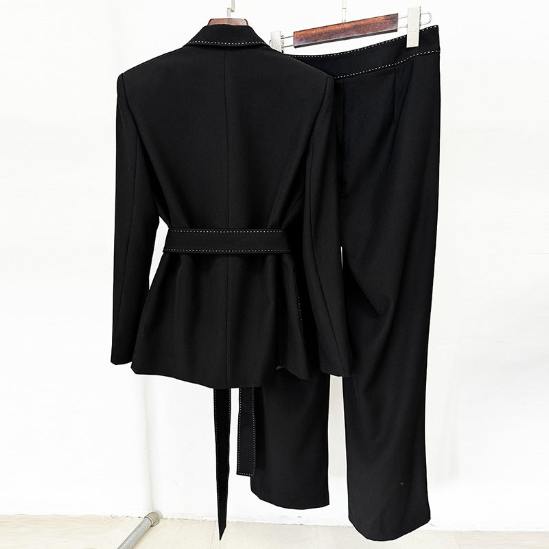 Belted Blazer & Wide Leg Pants 2-Piece Black Suit Set