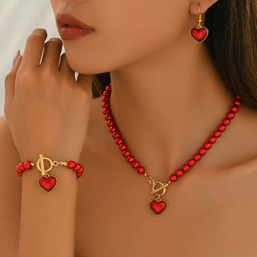 Geometric Heart Jewelry Set with Faux Pearl for Women