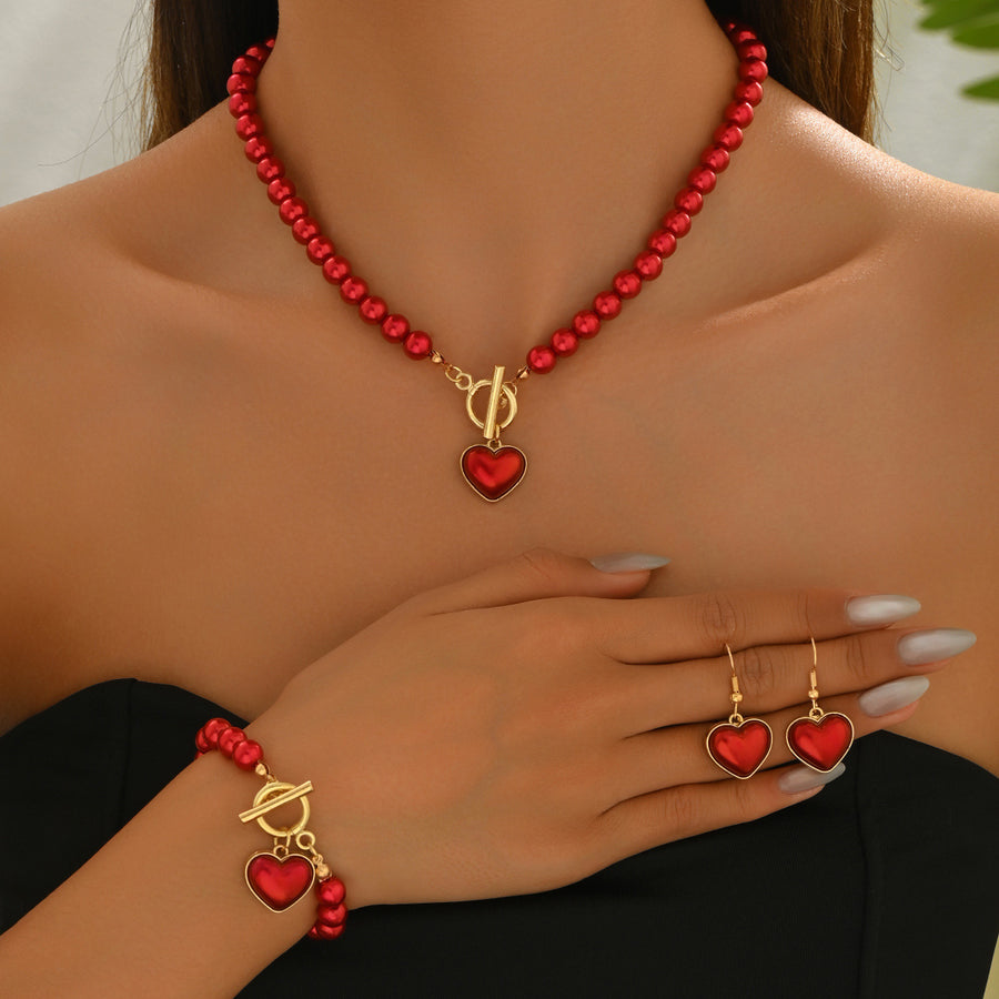 Geometric Heart Jewelry Set with Faux Pearl for Women
