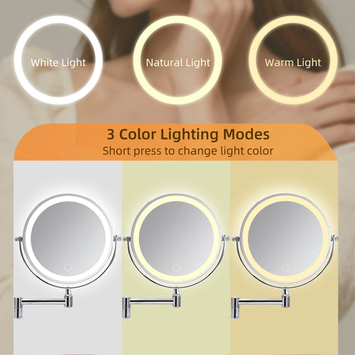Rechargeable Wall Mounted Makeup Mirror with Lights - 8x Magnifying