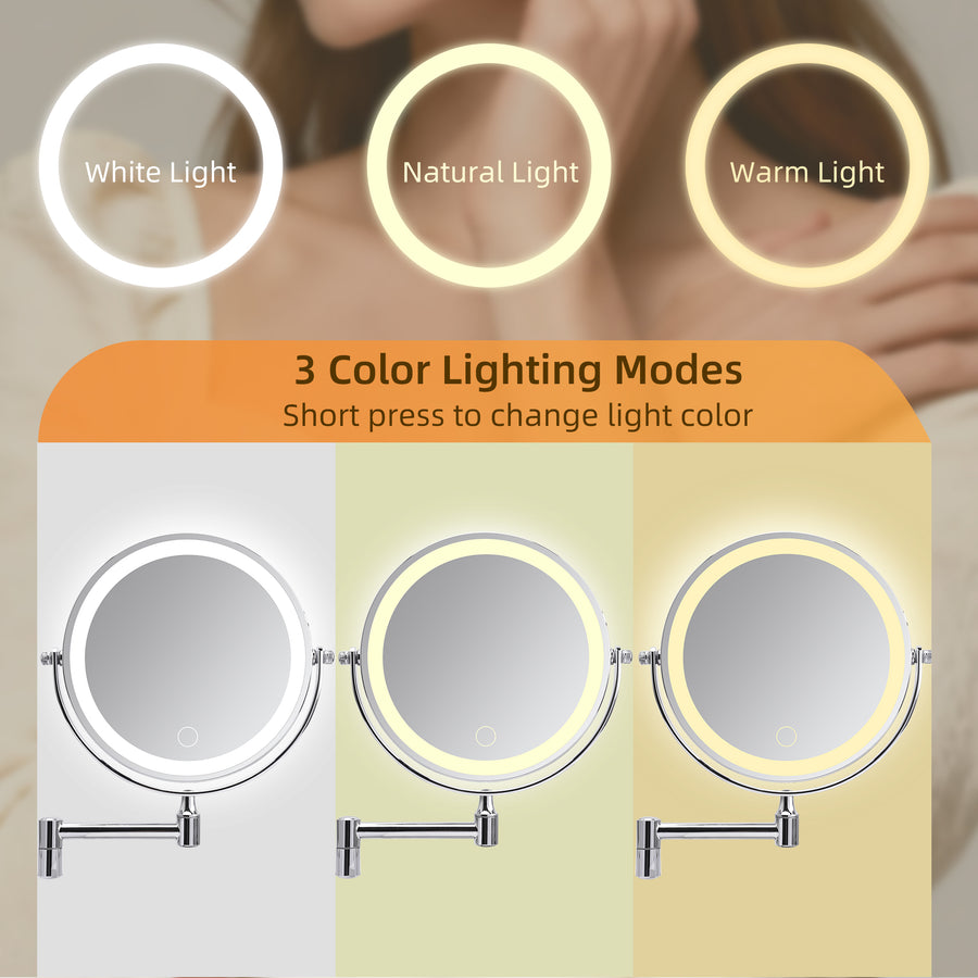 Rechargeable Wall Mounted Makeup Mirror with Lights - 8x Magnifying