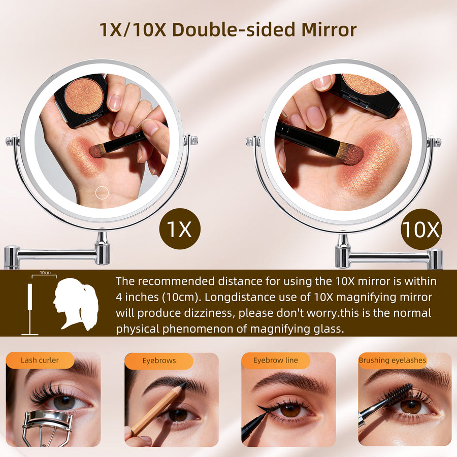Rechargeable Wall Mounted Makeup Mirror with Lights - 8x Magnifying