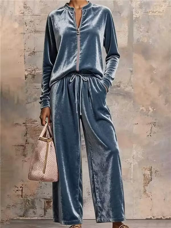 Velvet Hoodie Jacket & High Waist Wide Leg Pants Women's Outfit