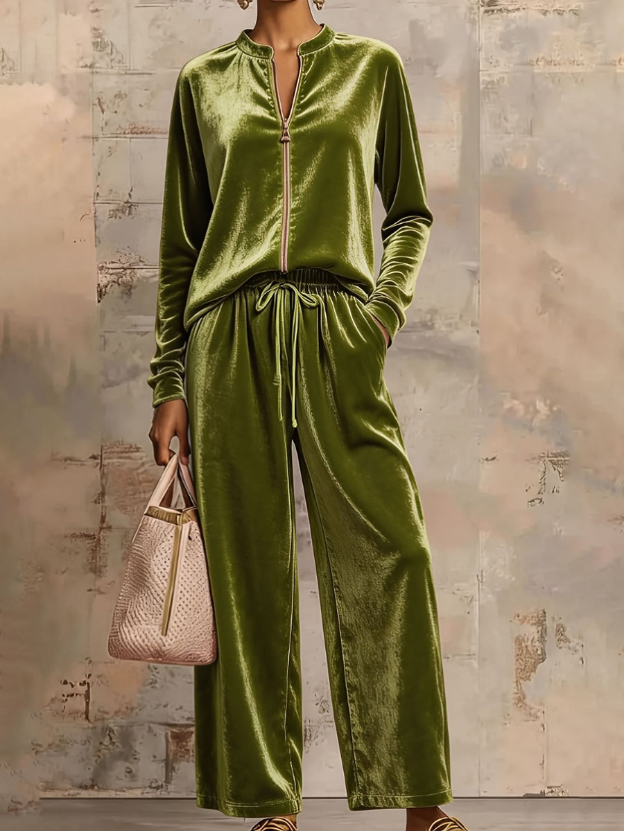 Velvet Hoodie Jacket & High Waist Wide Leg Pants Women's Outfit