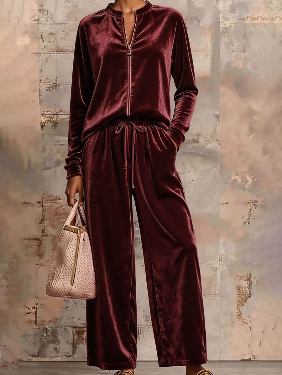 Velvet Hoodie Jacket & High Waist Wide Leg Pants Women's Outfit
