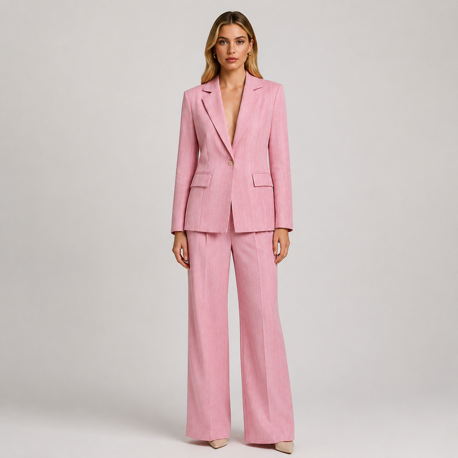 Elegant Single Button Blazer & Wide Leg Pants Suit Set