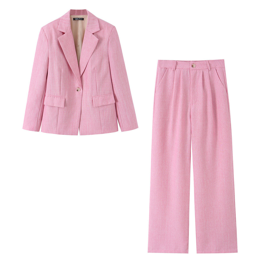 Elegant Single Button Blazer & Wide Leg Pants Suit Set