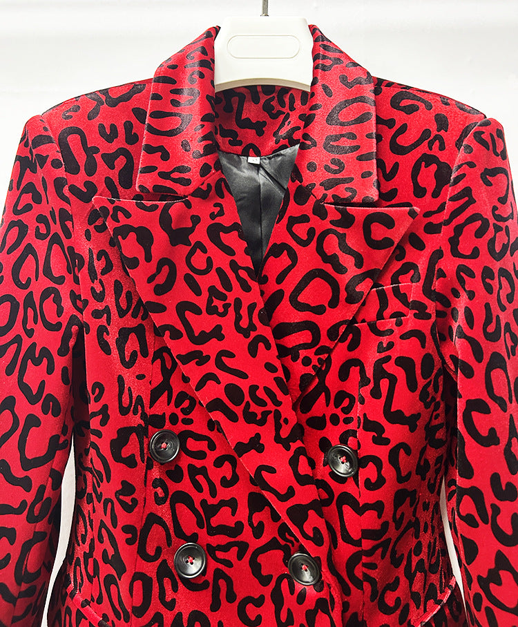 Leopard Print Double Breasted Blazer & Midi Pencil Skirt Set