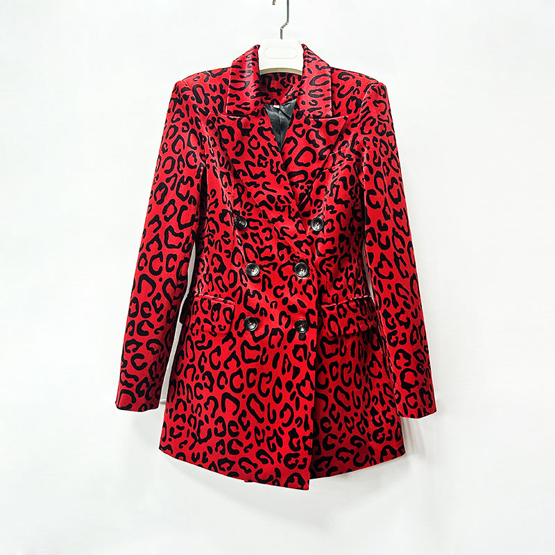 Leopard Print Double Breasted Blazer & Midi Pencil Skirt Set