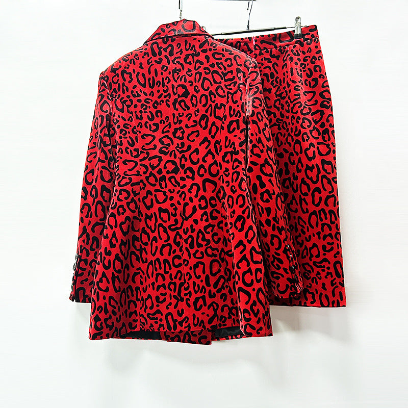 Leopard Print Double Breasted Blazer & Midi Pencil Skirt Set
