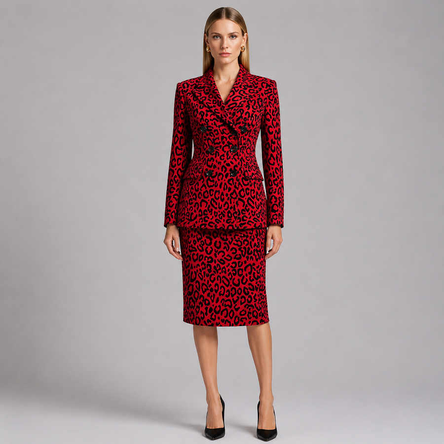 Leopard Print Double Breasted Blazer & Midi Pencil Skirt Set