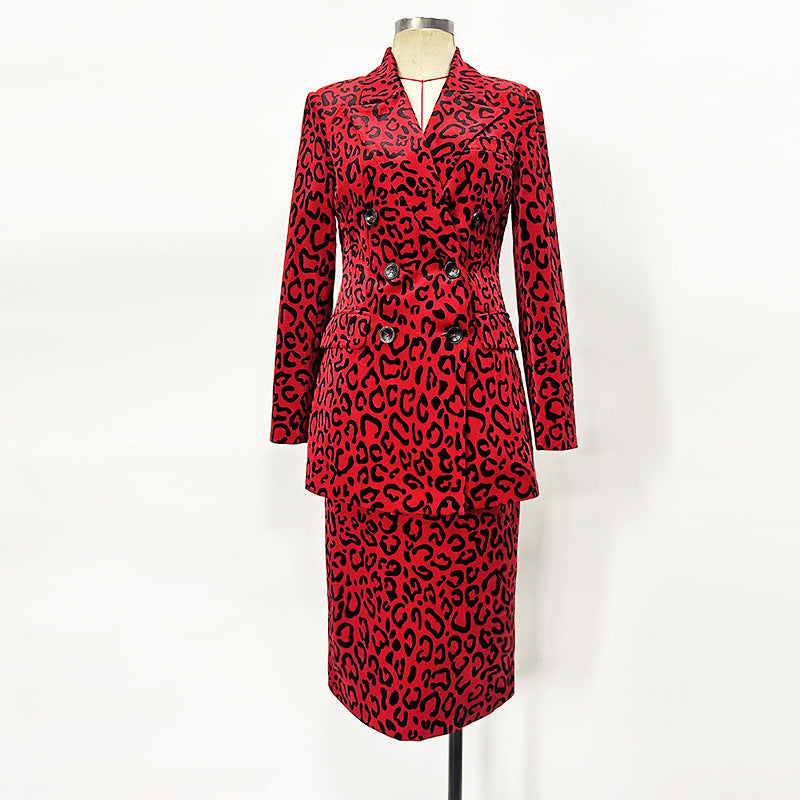 Leopard Print Double Breasted Blazer & Midi Pencil Skirt Set