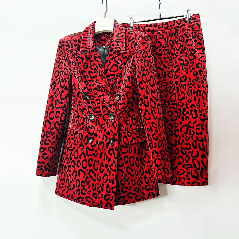 Leopard Print Double Breasted Blazer & Midi Pencil Skirt Set