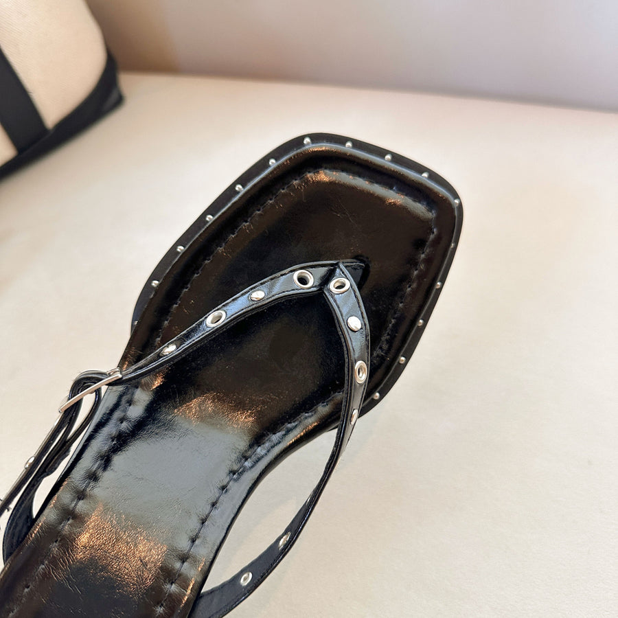 Women's Black Studded Thong Slippers - Casual High Heel Flip Flops