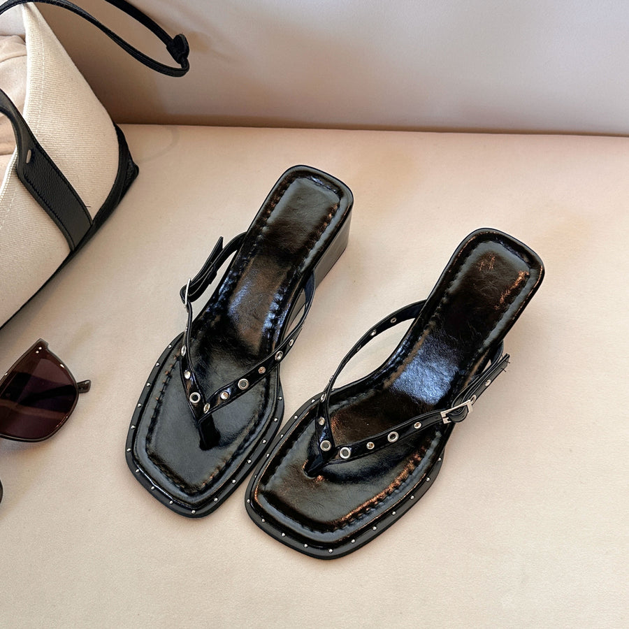 Women's Black Studded Thong Slippers - Casual High Heel Flip Flops