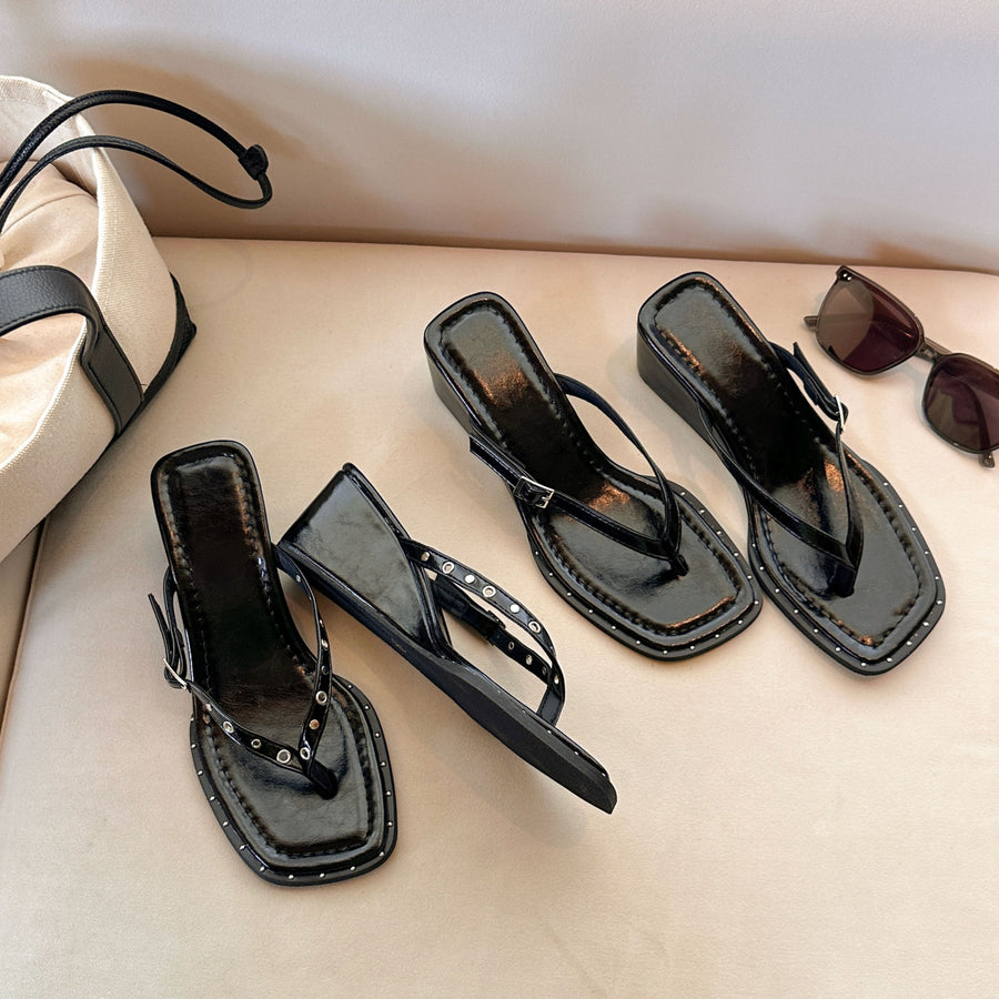 Women's Black Studded Thong Slippers - Casual High Heel Flip Flops