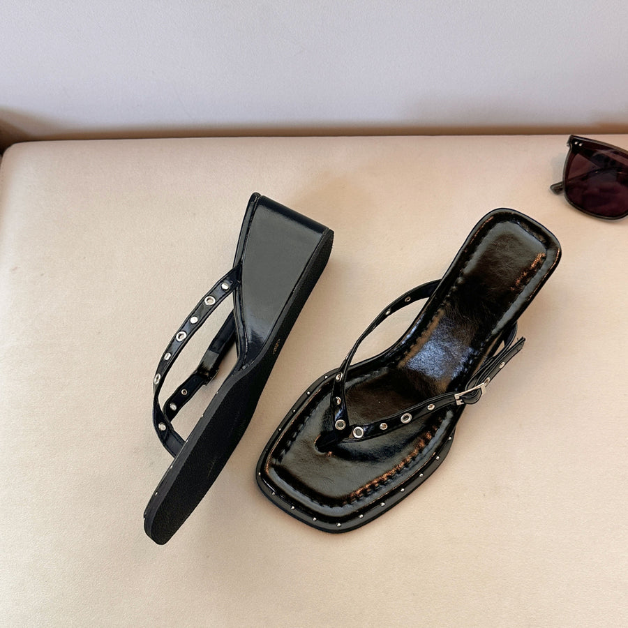 Women's Black Studded Thong Slippers - Casual High Heel Flip Flops