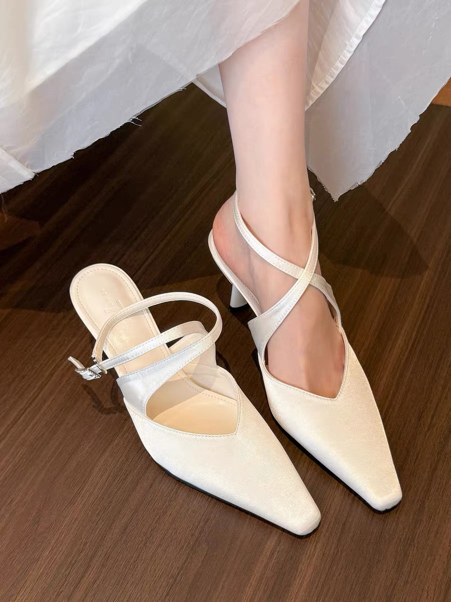 Women French Pointed Toe High Heels, Cross Strap Sandals