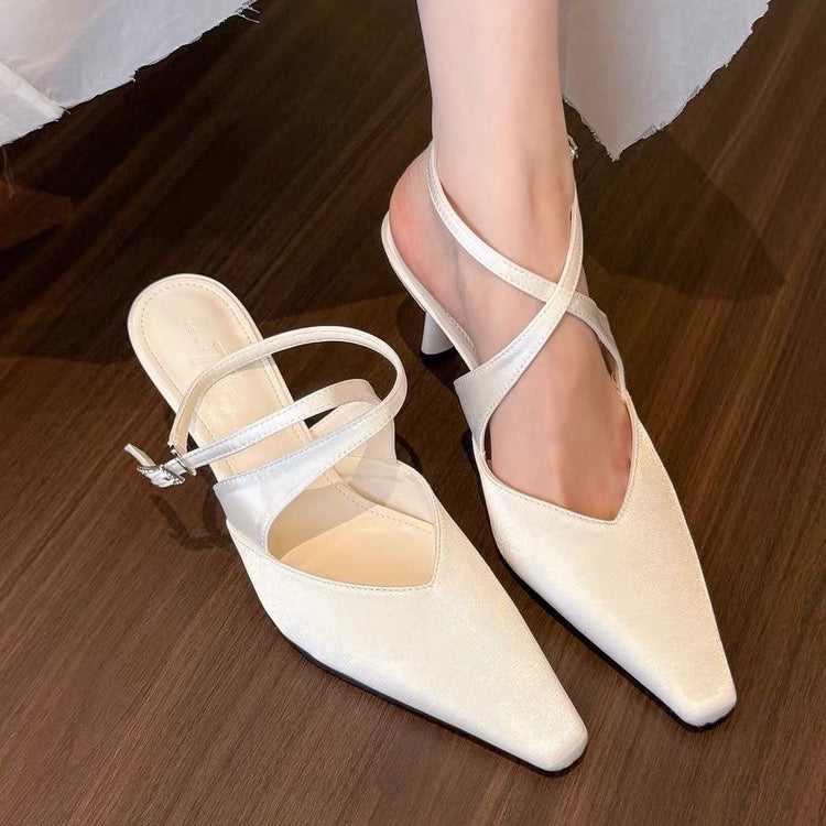 Women French Pointed Toe High Heels, Cross Strap Sandals